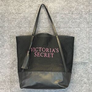 VICTORIA’S SECRET Tote Bag Black Pink Embroidered Mesh Tassel Open Top Shoulder